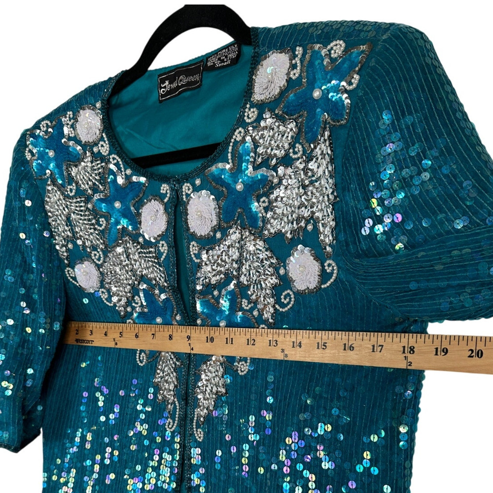 Beaded SILK Sequin Jacket S Peacock Blue Vintage Formal Short Sleeve Floral - Picture 4 of 6